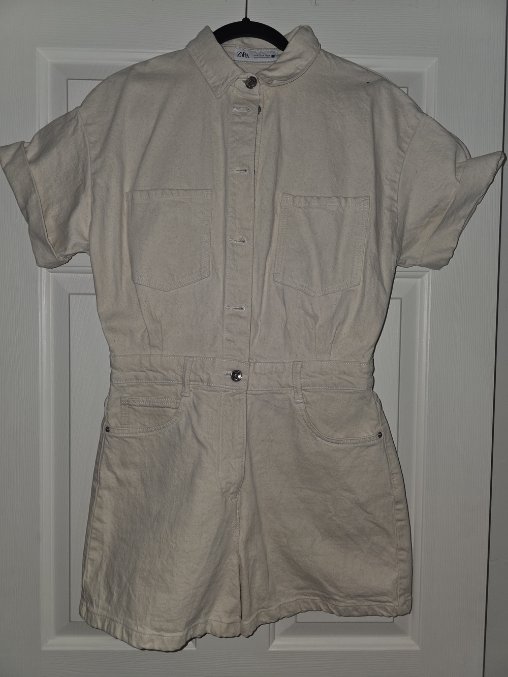ZARA Cream/Ivory Short-Sleeve Denim Romper Shorts - Size M